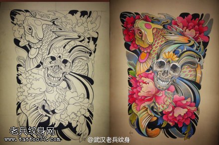 鱼骷髅牡丹纹身手稿图案