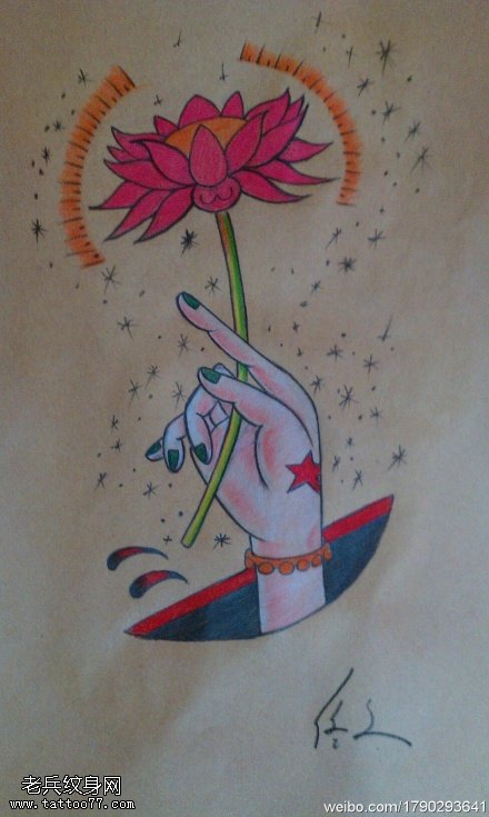彩色莲花佛手纹身图片