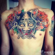 胸口彩色般若牡丹纹身图案由武汉刺青店提供