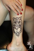 女性腿部猫咪纹身图案由武汉纹身馆提供