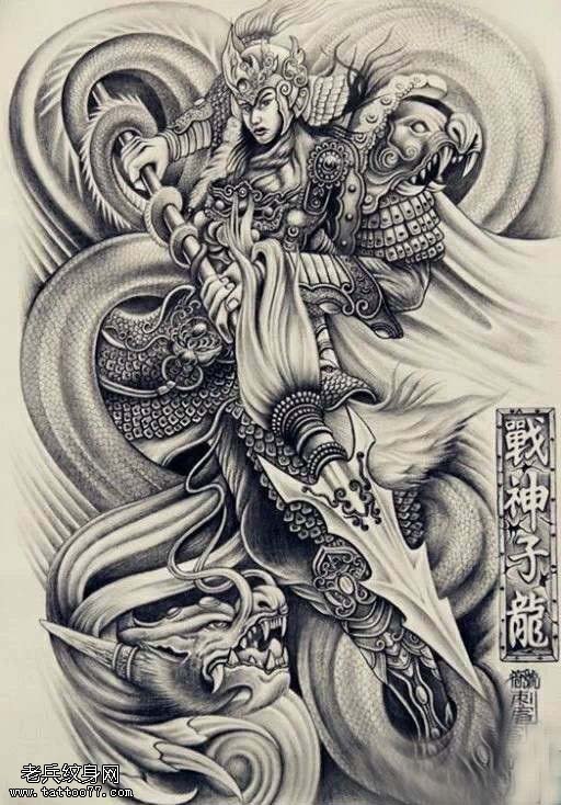 黑灰素描满背赵子龙纹身手稿图案