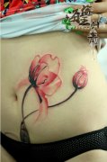 女性腹部彩色花纹身图案由武汉纹身店提供