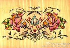 一款彩色蜘蛛网玫瑰花纹身手稿图案