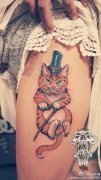 武汉纹身店推荐一款女性腿部猫咪纹身图案