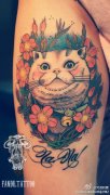 手臂蔷薇花猫咪纹身图案由武汉纹身提供