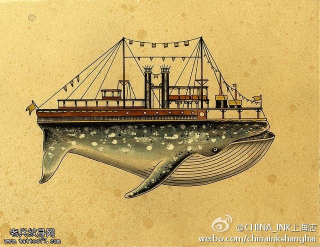 鲨鱼船纹身手稿图案