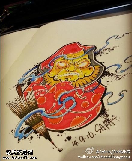 彩色达摩纹身手稿图案