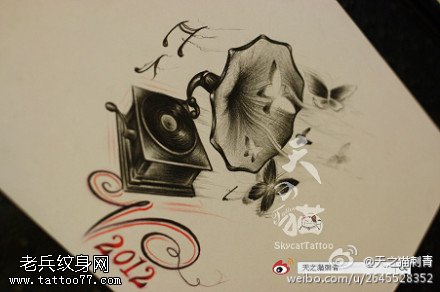 留声机纹身手稿图案