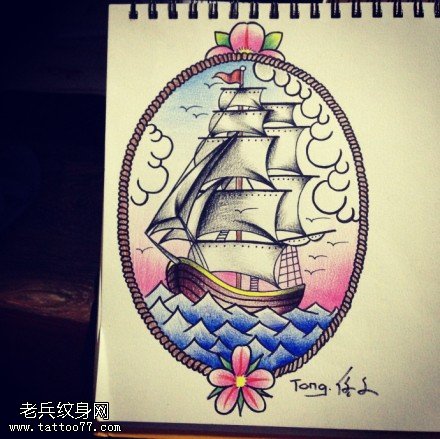 彩色帆船纹身手稿图案