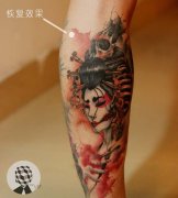 武汉最好的纹身店推荐一款腿部彩色艺妓纹身图案