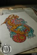 武汉纹身店推荐一款彩色传统唐狮纹身手稿图案
