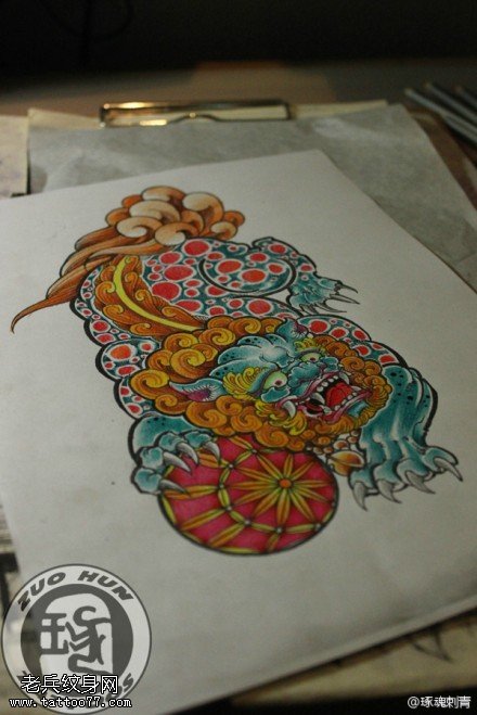 唐狮纹身手稿图案