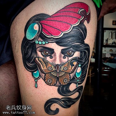 腿部彩色school女郎纹身图案