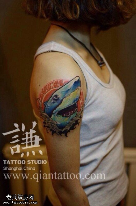 个性女性手臂彩色鲨鱼纹身图案由纹身店提供