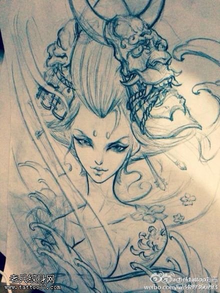武汉最好的纹身店推荐一款艺妓纹身线稿图片