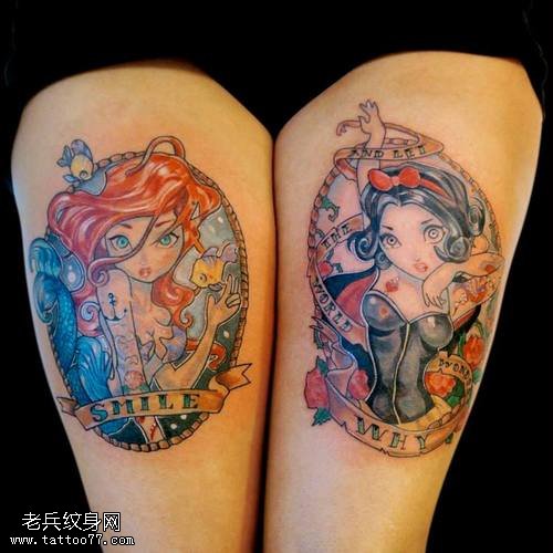 女性腿部彩色卡通动漫娃娃纹身图案