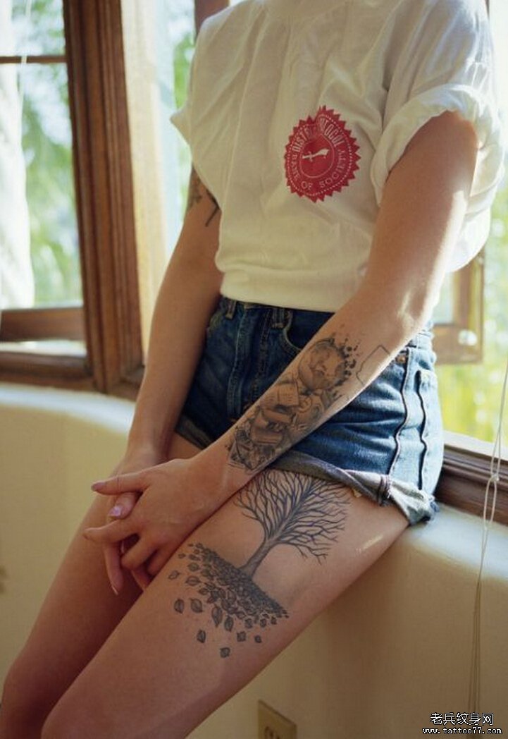 武汉纹身老兵纹身提供的大腿部树纹身图案图片欣赏