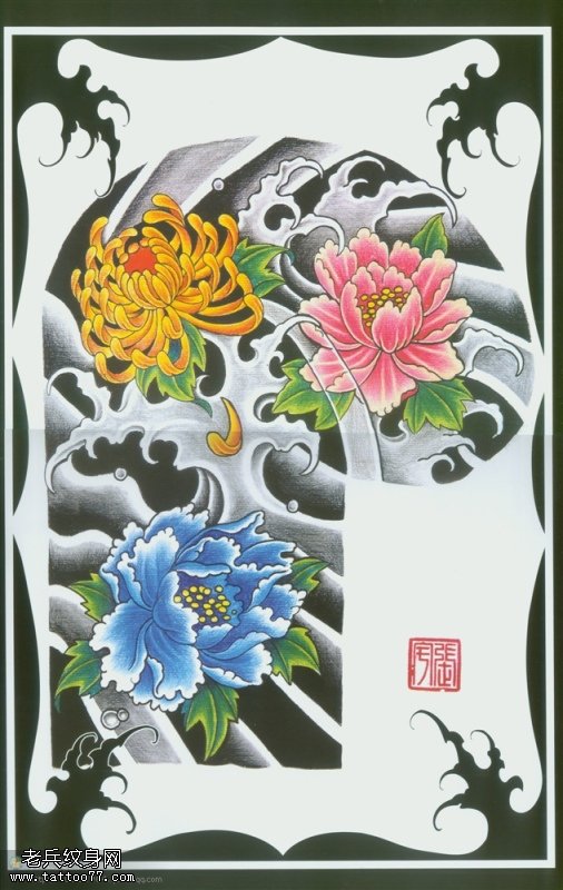 分享一款半胛牡丹纹身图案