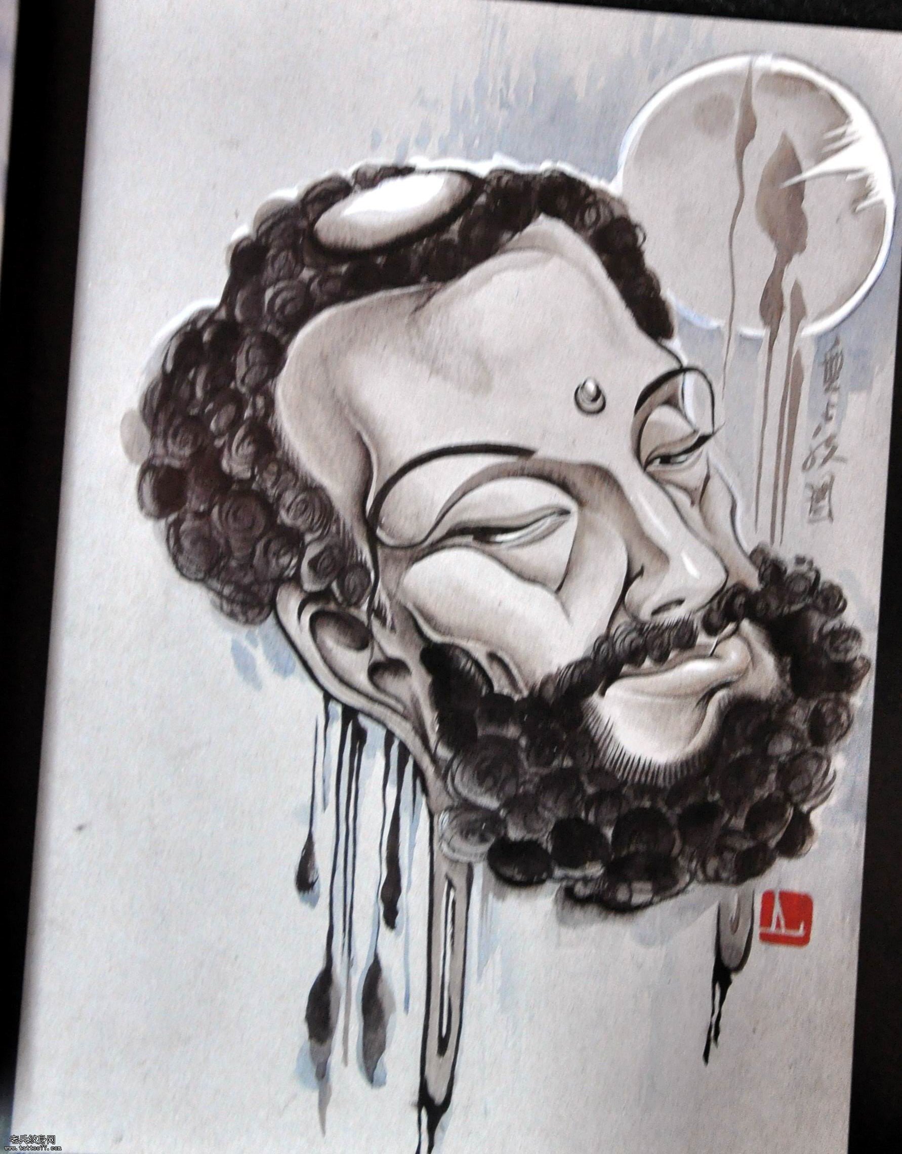 老兵纹身分享一款中国风达摩纹身图案