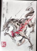 分享一款水墨画麒麟纹身图案