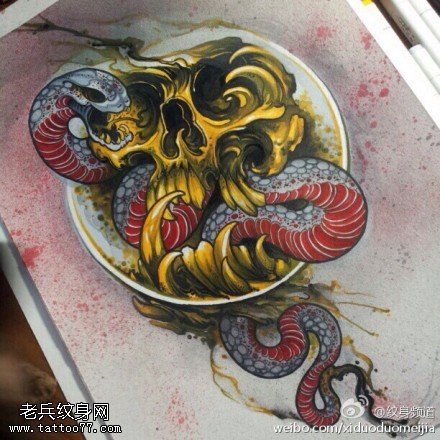 彩色个性骷髅蛇纹身手稿图片