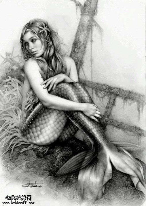 黑灰素描风格美人鱼纹身手稿图案