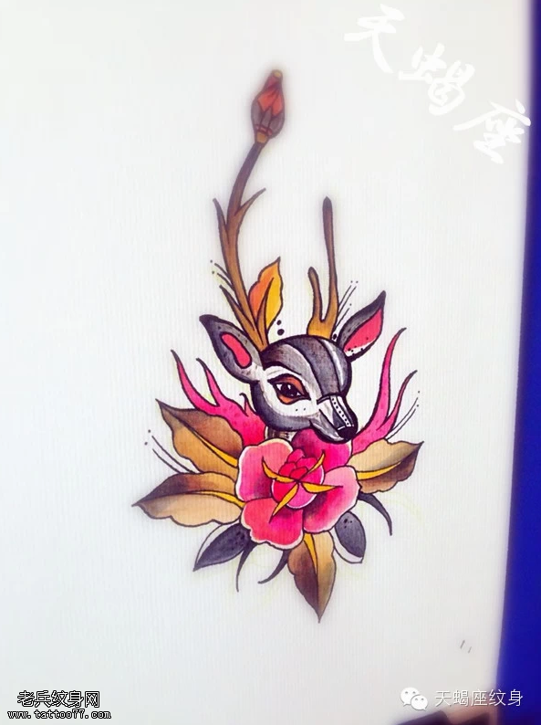 彩色羚羊玫瑰花纹身手稿图片