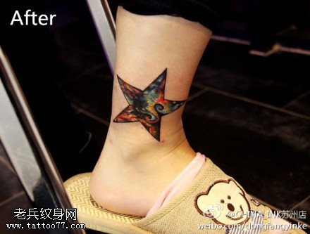 腿部彩色个性星空五角星纹身图案
