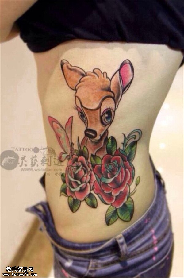 侧腰彩色玫瑰花鹿纹身图案