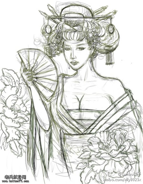 素描人物艺妓纹身手稿图案