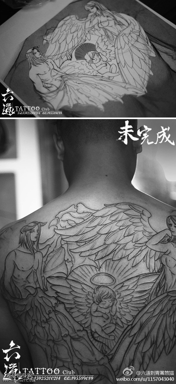 满背欧美风天使与恶魔纹身图案
