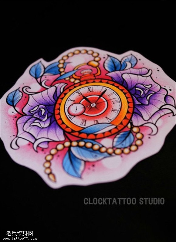 彩色个性玫瑰花时钟纹身手稿图案