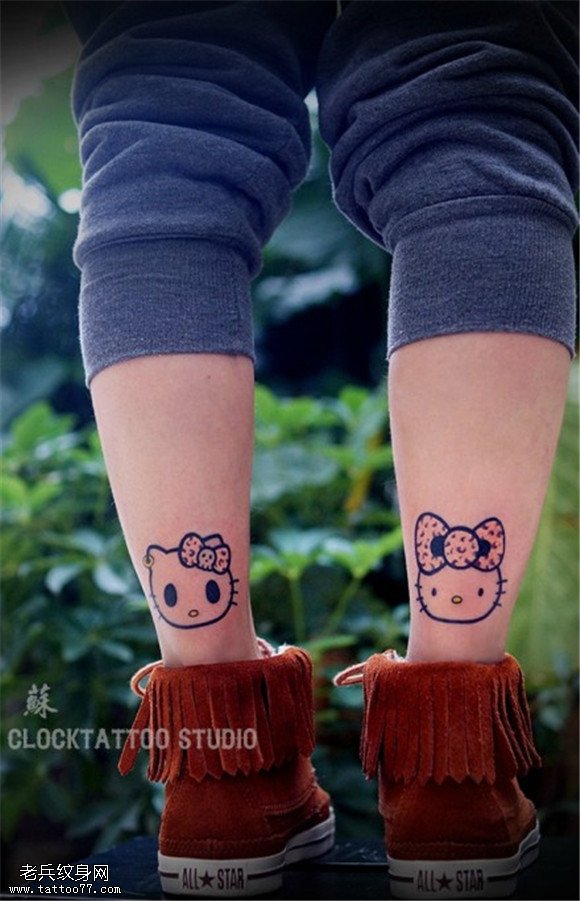 腿部彩色Kitty猫纹身图案