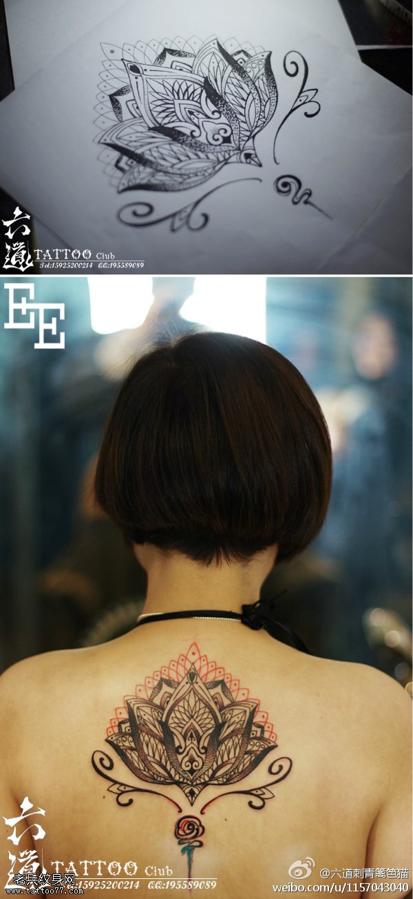背部点刺梵花纹身图案