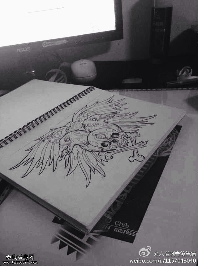 超cool展翅雏鹰骷髅纹身图案