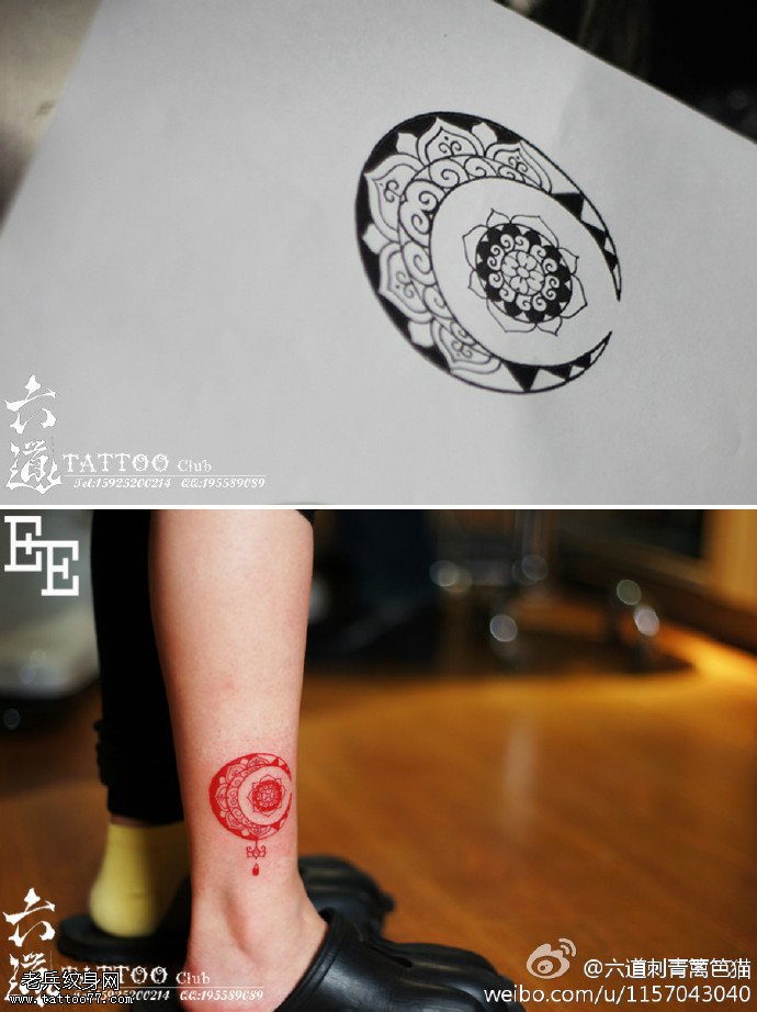 脚腕部鲜艳美丽红梵月纹身图案