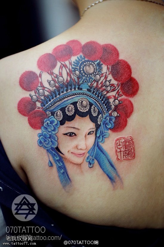 超唯美肩部京剧美女加印章纹身图案