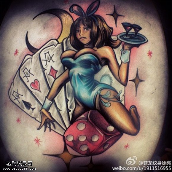 彩色女郎扑克牌骰子纹身图案