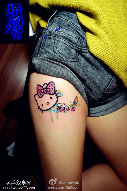 腿部彩色Kitty猫字母纹身图案