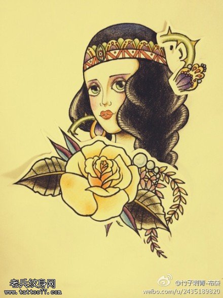 彩色女郎玫瑰花纹身手稿图案