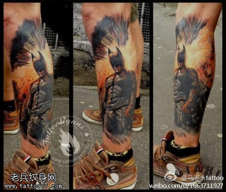 腿部爆炸超酷炫蝙蝠侠纹身图案