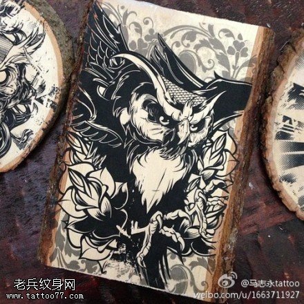 版绘猫头鹰墨色纹身图案