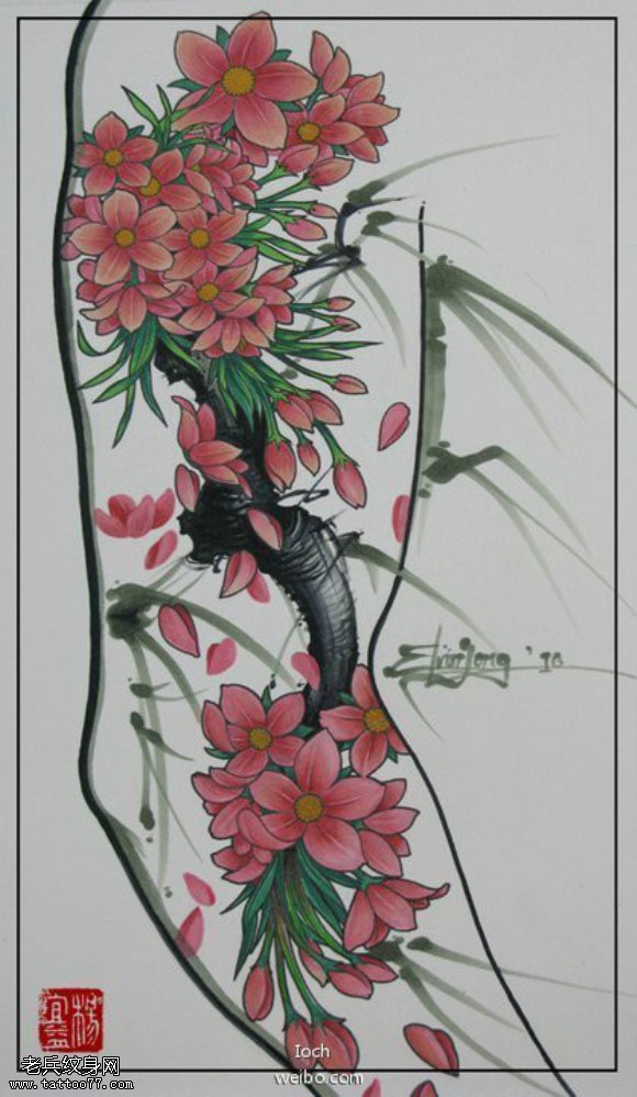 分享一款梅花花臂纹身图案