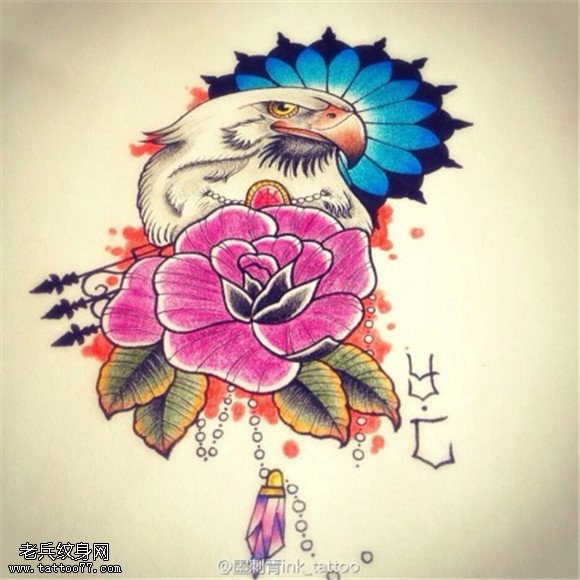 彩色鸟玫瑰花宝石纹身图案