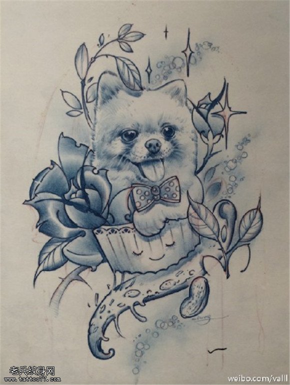 狗狗玫瑰花纹身手稿图片