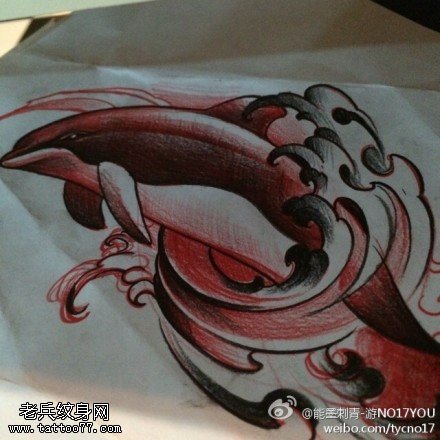 彩色鲸鱼纹身手稿图案