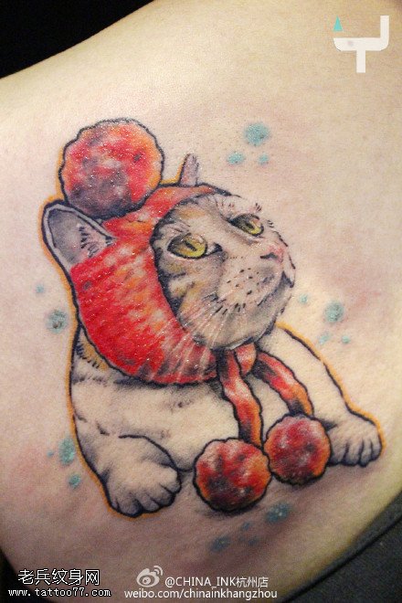 肩部彩色猫咪纹身图片