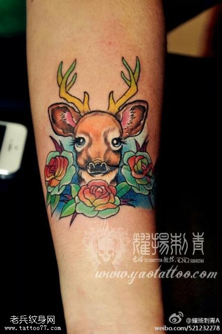 手臂彩色鹿玫瑰纹身图案