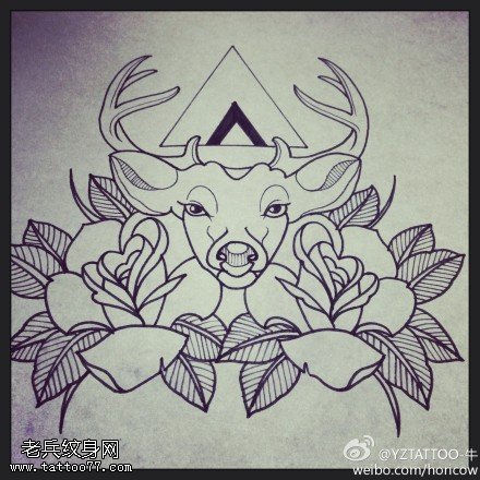 线条羚羊玫瑰花纹身手稿图