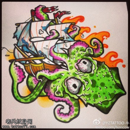 彩色个性章鱼帆船纹身手稿图案